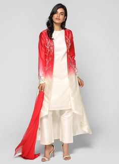 Ombre Asymmetric Jacket Suit - Suits - Clothing - Women White And Red Suits For Women Indian, White And Red Sharara Suit, Jacket Suits For Women, Unstitched White Suit With Sheer Dupatta And Long Sleeves, Semi-stitched Off White Floor-length Dupatta, Off White Floor-length Set With Sheer Dupatta