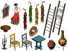 an assortment of furniture and accessories displayed on a white background, including ladders, tables, chairs, vases and other items