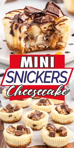 mini snickkers cheesecake on a plate with the title overlaying it