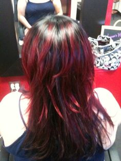 Red ombré on really layered hair Layered Red Balayage Hair, Skunk Red Hair, Black And Dark Red Hair, Red Striped Hair, Black Hair Red Tips, Red Hair Dye Ideas, Red Ombré Hair, Red Halo Hair, Red Hair Streaks