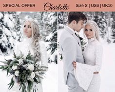 two pictures of a bride and groom in the snow with text special offer charlotte size s / uk10