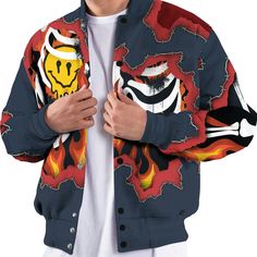 Brand Dunkare Retro Olympic 6s Shirt Skeleton On Fire Skrrt All Over Print Baseball Varsity Jacket Cotton Outerwear With All Over Print For Fall, Red Casual Outerwear For Halloween, Urban Outerwear With Graphic Print For Halloween, Urban Halloween Outerwear With Graphic Print, Cotton Fall Outerwear With Skull Print, Fitted Outerwear With Skull Print And Long Sleeves, Casual Long Sleeve Outerwear With Skull Print, Halloween Cotton Outerwear With Skull Print, Retro Varsity Jacket For Baseball Season