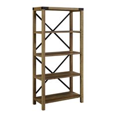 a wooden bookcase with four shelves on each side and two black metal bars at the top