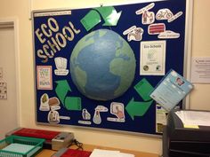 a bulletin board with an earth on it and various school related items around the globe