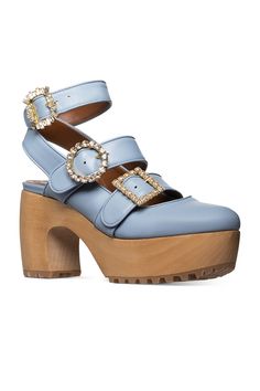 Light Blue Leather Ankle Strap Clog – Autumn Adeigbo Closed Toe Heels Outfits, Light Blue Shoes, Creative Shoes, Funky Shoes, Heels Outfits, Wooden Clogs, Wood Heel, Aesthetic Shoes, Outfits With Hats