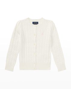 Ralph Lauren Childrenswear cable-knit cardigan. Crew neckline; button front. Long sleeves. Ribbed cuffs and hem. Straight hem. Cotton. Machine wash. Imported. Ralph Lauren Cardigan, Designer Ralph Lauren, Kids Uniforms, Cable Knit Sweater Cardigan, Vogue Knitting, Girls Cardigan, Ralph Lauren Collection, Ribbed Cardigan, Cable Knit Cardigan