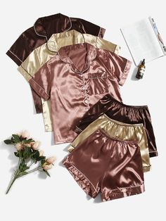 Multicolor Elegant  Short Sleeve Satin Plain Short Sets Embellished Non-Stretch  Women Sleep & Lounge Pijamas Women, Satin Pj Set, Satin Bluse, Sleepwear Fashion, Cute Sleepwear, Cute Pajama Sets, Satin Set, Cute Lazy Outfits, Short Pj Set