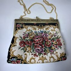 Vintage floral tapestry purse/bag with metal frame and chain strap shoulder bag brown fabric interior with pocket great vintage condition  measurements in pictures Vintage Shoulder Bag With Chain Strap For Everyday Use, Vintage Chain Strap Shoulder Bag For Everyday Use, Vintage Shoulder Bag With Chain Strap For Travel, Vintage Crossbody Bag With Chain Strap, Vintage Shoulder Bag With Chain Strap, Vintage Tapestry Bag For Formal Occasions, Vintage Shoulder Bag Clutch With Chain Strap, Vintage Shoulder Bag With Chain Strap Clutch, Vintage Clutch Shoulder Bag With Chain Strap