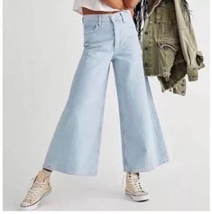 Free People Extra Wide Leg Jeans Landry Crop in Bay Light Blue Womens Sz 28  | eBay Casual Blue Jeans For Spring, Light Blue Cotton Bottoms For Fall, Casual Light Blue Jeans For Fall, Fall Light Blue Cotton Bottoms, Light Blue Relaxed Fit Bottoms For Fall, Light Blue Casual Bottoms For Spring, Extra Wide Leg Jeans, 90s Vibes, Crop Jeans