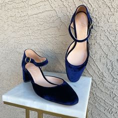 J. Crew New Navy Midnight Blue Velvet Millie Ankle Strap Heels Mary Janes Chunky Block Heel These Are New, But Have Been Tried On. Comes With Original Box & Dust Bag Velvet Blue Shoe, Blue Closed-toe Wedding Shoes With Heel Strap, Blue Block Heels With 4-inch Heel, Classic Blue Heels With 4-inch Heel, Blue Velvet Shoes, Blue Velvet Mary Janes, Navy Wedding Shoes, Velvet Shoes, Chunky Block Heels