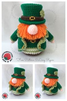 the crocheted lepreite doll is wearing a green hat and orange pants