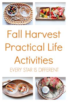 the cover of fall harvest practical life activities, including plates and trays filled with food