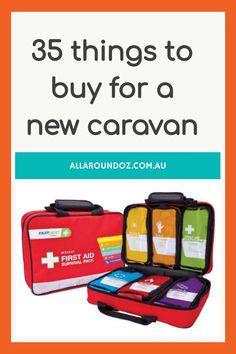 an open suitcase with the words 35 things to buy for a new caravan