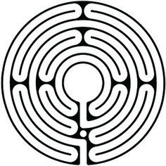 a black and white image of a circular maze in the shape of a circle with an arrow