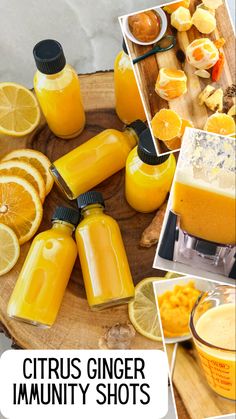 citrus ginger imunity shots with oranges, lemons and other ingredients on a cutting board