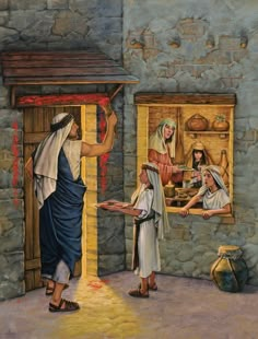 a painting of the birth of jesus in an old stone house with three women and one man