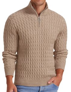 PRICES MAY VARY. MATERIALS - Askdeer men's cable knit sweater are made of high-quality fabric. Thick, warm, durable, stretch and super soft hand feel. A must-have pullover sweater for 2023 winter, ensuring that you stay cozy & warm all day long. FEATURES - Askdeer men's knit sweaters with Refined cable knit texture/Soft elastic mock neck/Timeless zip design/Ribbed cuffs and hem and Solid colors. Refined cable knit texture adds extra texture, soft and stretch fabric makes this polo sweater comfor Mens Quarter Zip Sweater, Mens Cable Knit Sweater, Casual Pullover Sweater, Mens Quarter Zip, Smart Outfit, Winter Pullover, Cable Knit Jumper, Quarter Zip Sweater, Polo Sweater