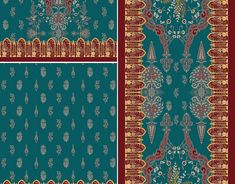 two different patterns with red and green colors on the same fabric, one has an ornate design