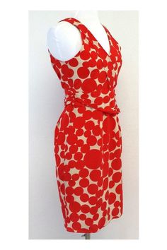 Size X-Small Red & Tan Polka Dot Sleeveless Dress Body 100% Silk Lining 97% Polyester 3% Spandex Concealed back zip Double v neck Gathered waist Waist 27.5" Shoulder to Hem 37" Red Fitted Halter Neck Sleeveless Dress, Fitted Red Halter Neck Sleeveless Dress, Polka Dot Sleeveless Lined Dress, Red Sheath Sleeveless Summer Dress, Red Sheath Sleeveless Dress For Summer, Red Fitted Sleeveless Mini Dress, Red Fitted Sleeveless Dress For Spring, Retro Red Stretch Dress, Minimalist Fashion Casual