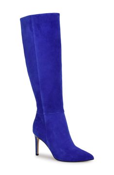 A pointy toe and slender heel balance a versatile knee-high boot rendered in smooth leather. 3 1/4" heel 15 3/4" shaft; 14 3/4" calf circumference Leather upper/textile and synthetic lining/synthetic sole Imported Blue Fits, Nordstrom Store, Nine West, New Shoes, Knee High Boots, Smooth Leather, Knee High, Womens Boots, Leather Upper