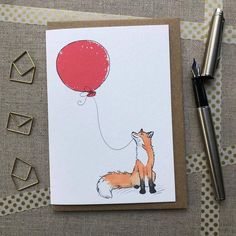 a greeting card with an illustration of a fox holding a red balloon that says 30