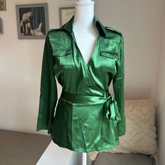 Diane Von Furstenberg Silk Blouse Womens Green Wrap Top Sz 2 Green Collared Blouse For Party, Green Collared Party Top, Dress With A Belt, Silk Wrap Dress, Day At The Races, Green Wrap, Silk Wrap Dresses, Silk Wrap, Green Silk