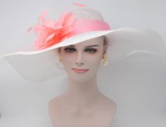 "Description: 100% Sinamay, light and comfortable *Wide brim measure Appr: 7-8\" brim *The crown is decorated with feather flower. Very beautiful!! *Head girth is 23\",adjustable string inside can give you the best fit. *Great for Kentucky Derby, Church, Wedding, Tea Party or other special event" White Fedora Straw Hat For Wedding, White Flat Brim Fascinator For Summer, White Summer Hat For Races, White Summer Hats For Races, White Flat Brim Summer Fascinator, White Straw Hat For Kentucky Derby Races, White Straw Hat For Church In Summer, White Sun Hat For Races, White Short Brim Sun Hat For Races