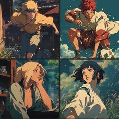 four pictures of anime characters in different poses, one with red hair and the other with blue eyes