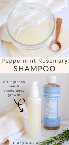 Image 1: Glass mason jar with wooden spoon for mixing shampoo together. Image 2: Homemade shampoo stored in a small shampoo pump bottle. Next to it is a bottle of unscented castile soap and rosemary sprigs. Rosemary Shampoo, Shampoo Recipe, Homemade Shampoo, Diy Shampoo, Baking Soda Shampoo, Homemade Hair Products, Castile Soap