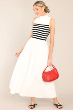 Sleeveless Black & White Mock Neck Maxi Dress - All Dresses – Red Dress Mock Neck Maxi Dress, White Mock Neck, Dresses Red, Striped Maxi, Striped Maxi Dresses, Flowy Skirt, White Sleeveless, Timeless Treasures, Ivory Lace