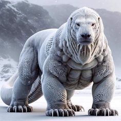 a large white polar bear standing on top of snow covered ground next to a mountain