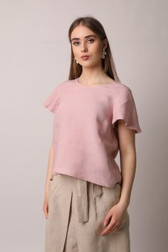 "Pink Linen Top CASERTA is classy linen summer clothing for women, fit both for office and holiday wear. It feels light, breezy, breathable and elegant linen shirt 100 percent pure soft linen.  Handmade linen women blouse features a relaxed fit, V type back and elegant flutter sleeves.  DETAILS: Made from 100% European Oekotex certified linen Stone washed for maximum softness SIZE: S-M-L-XL The model is wearing size M and is 5\"7\" (172 cm) tall COLOUR: Dusty Pink Other Colours available" Elegant Relaxed Fit Pink Top, Feminine Linen Blouse With Relaxed Fit, Pink Relaxed Fit Elegant Top, Feminine Relaxed Fit Linen Blouse, Pink Linen Tops For Spring, Feminine Linen Tops With Relaxed Fit, Pink Linen Blouse For Summer, Relaxed Fit Feminine Linen Blouse, Feminine Relaxed Fit Linen Tops