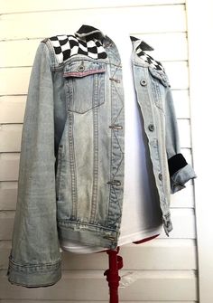 Repurposed denim jacket with authentic 1980's fabric detailing. Neck: 17 in Chest: 15 1/2 in Across Back: 16 in Shoulders: 5 in Sleeves: 25 in Cuffs: 11 1/2 in Front Length (shoulder to bottom): 24 in Back Length (Neck to bottom): 23 1/2 in Arms eye: 20 in Retro Patchwork Denim Jacket, Retro Cotton Denim Jacket With Patchwork, Retro Cotton Patchwork Denim Jacket, Retro Winter Denim Jacket With Patchwork, Retro Patchwork Denim Jacket For Winter, Casual Reworked Denim Jacket For Winter, Retro Spring Denim Jacket With Patches, Casual Upcycled Denim Outerwear, Casual Cotton Denim Jacket Reworked