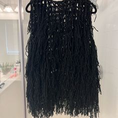 Never Worn Black Fringed Outerwear For Winter, Black Fringe Outerwear For Winter, Fitted Black Outerwear With Fringe, Fitted Black Fringe Outerwear, Black Fringe Outerwear For Party, Black Fringe Party Outerwear, Altered State, Colorful Vest, Open Front Vest