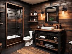 a bathroom with wood paneling and a white toilet