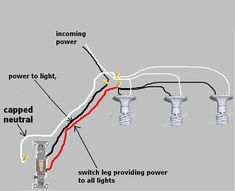 an electrical wiring diagram with three lights and one switch on the wall, in which two wires