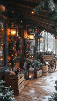 a porch decorated for christmas with lights and garlands on the windows, pine cones in baskets