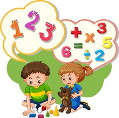 two kids playing with toys in front of the numbers and figures illustration on a white background