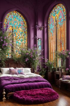 Be captivated by this regal bedroom sanctuary adorned with awe-inspiring stained glass windows that bathe the space in a kaleidoscope of colors. The rich royal purple walls and lush bedding evoke opulence, while the sumptuous velvet ottoman adds a touch of extravagance. A cascade of ethereal flowers from the tall gothic windows blends a natural charm with the room's stately elegance. Antique furnishings and golden accents perfect the regality of this exquisite bedroom Rich Color Interior Design, Antique Home Decor Ideas Bedroom, Purple Cottagecore Bedroom, Lush Bedding, Stained Glass Room, Purple Wall Bedroom, Stained Glass Bedroom, Regal Bedroom, Ethereal Bedroom