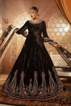 Buy Pakistani Party Dresses-Velvet Pishwas Dress Pakistani In Black Color-Pakistani Party Wear With Sequins, Thread, Dabka, Tila, Kora, Stones Embroidery Work In USA, UK, Canada, Australia Visit Now : www.NameerabyFarooq.com or Call / Whatsapp : +1 732-910-5427 Luxury Elegant Dress With Stone Work, Luxury Fitted Dresses With Stone Work, Pakistani Long Dresses, Velvet Dress Designs, Pakistani Party Wear, Pakistani Designer Suits, Embroidered Velvet, Maria B, Velvet Collection