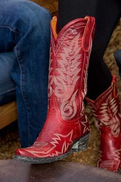 Nevada Red 13" Flame-Stitched Boot | Forever West by FM Stelzig Red Western Heeled Boots With Snip Toe, Red Wide Calf Round Toe Heeled Boots, Red Leather Wide Calf Boots, Western Style Red Leather Mid-calf Boots, Red Wide Calf Leather Boots, Western Style Red Fitted Heeled Boots, Red Fitted Western Heeled Boots, Fitted Red Western Heeled Boots, Red Round Toe Heeled Boots For Rodeo