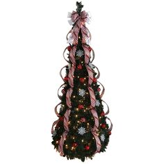 a decorated christmas tree with candy canes and bows on it's top, against a white background