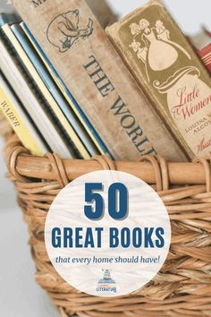 a basket full of books with the title 50 great books that every home should have