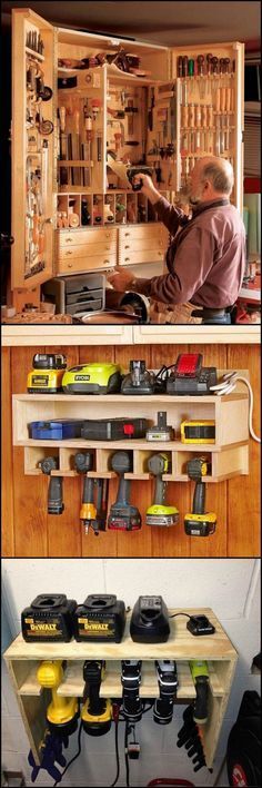 two pictures showing the inside of a workbench with tools in it and an image of a man working