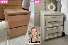 before and after photos of a bedroom with white bedding, nightstands and drawers