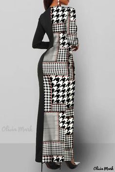 Olivia Mark - Womens Elegant Black Casual Print Patchwork O-Neck One-Step Skirt Dress Black Patchwork V-neck Dress, Fall Season V-neck Patchwork Maxi Dress, Black Long Sleeve Maxi Dress With Patchwork, Fitted V-neck Patchwork Maxi Dress, Spring Black Patchwork Maxi Dress, Fitted Patchwork Maxi Dress For Fall, Black Fitted Maxi Dress With Patchwork, Black V-neck Maxi Dress With Patchwork, Fitted Black Maxi Dress With Patchwork