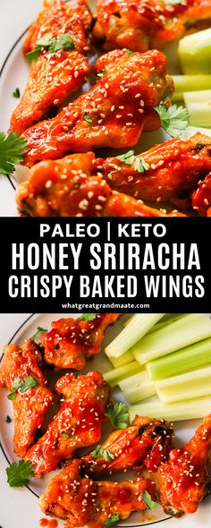 honey sriraca crispy baked wings on a plate