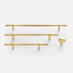 three gold handles and knobs on a white background