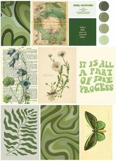 an assortment of green and white art work