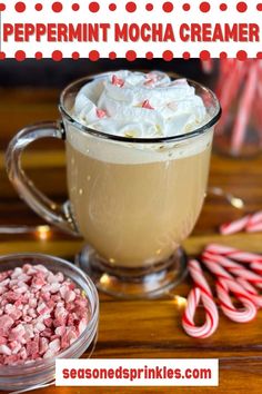 peppermint mocha creamer in a mug with marshmallows and candy canes